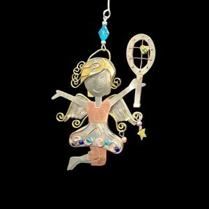 Tennis Girl Ornament Mixed Metals Legs Move Gemstones Silver Copper Brass 7 x 3.